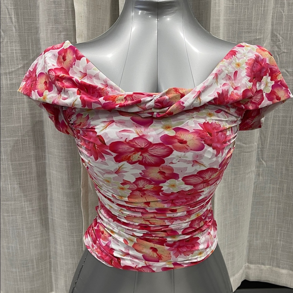 Chiara Boni Pink & White Floral Off-Shoulder Blouse